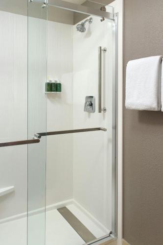 a shower with a glass door in a bathroom at Courtyard by Marriott Raleigh Cary in Cary