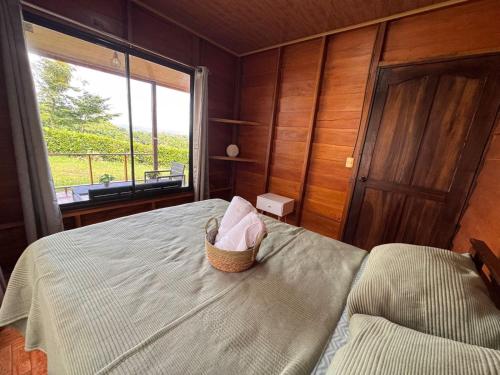 a bedroom with a basket on a bed with a window at Vista Lapas Cottage in Guayabal