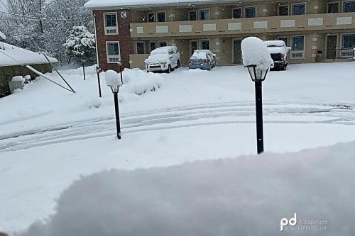 a group of parking meters covered in snow at Travel Inn & Suites Flemington in Flemington