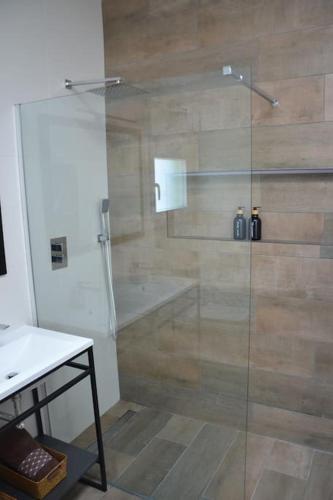a shower with a glass door in a bathroom at El huerto de la Dominga in Segovia