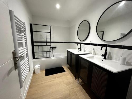 une salle de bain avec deux lavabos et un grand miroir dans l'établissement Au coeur des Vignes - Verzenay, à Verzenay