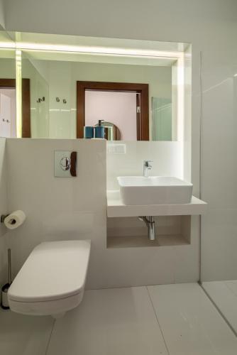a bathroom with a sink and a toilet and a mirror at Hotel Beskid in Milówka