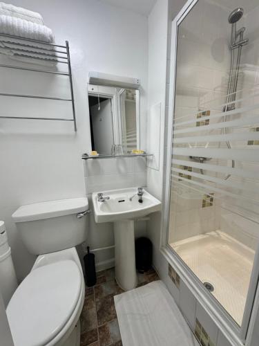 a bathroom with a toilet and a sink and a shower at The Fox Inn, Wilbarston in Wilbarston