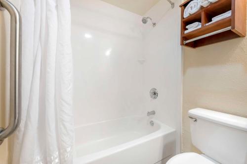 a bathroom with a white shower curtain and a toilet at Best Western Plus New Ulm in New Ulm