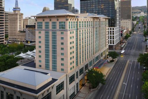 an aerial view of a tall building in a city at Marriott Salt Lake City Center in Salt Lake City