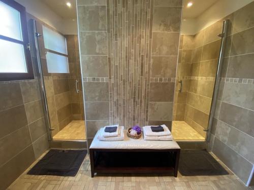 La salle de bains est pourvue d'une douche, d'un lavabo et de serviettes. dans l'établissement Le Mas des Vignes, à Ramatuelle