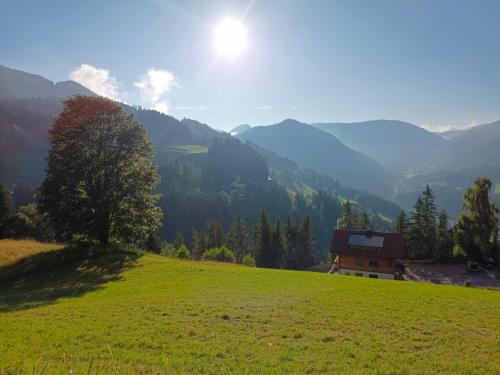a grassy hill with a house on top of it at Chalet Leni in Schladming