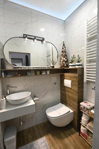 a bathroom with a toilet and a sink and a mirror at Josephine Apartment in Subotica