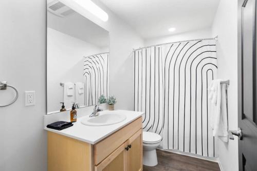 a bathroom with a sink and a toilet and a mirror at Upscale Apartment Suite - Close to Everything in Spokane