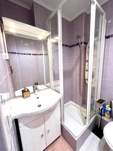 une salle de bain avec un lavabo blanc et une douche dans l'établissement Magnifique appartement sacrée cœur, à Paris