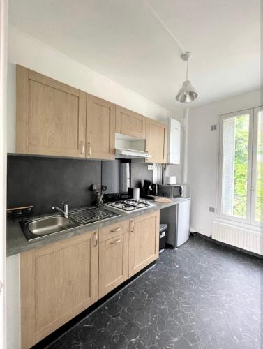 une cuisine avec un évier et une cuisinière four supérieur dans l'établissement Appartement cosy Disneyland & Paris, à Neuilly-sur-Marne