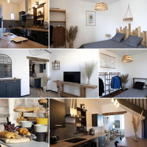 un collage de photos d'une cuisine et d'un salon dans l'établissement Maison COSY et CHALEUREUSE au centre ville, à Mont-de-Marsan