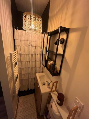 une salle de bain avec un lavabo, des toilettes et un miroir dans l'établissement Le Petit Hôtel de Laura Cosy Parking & Netflix, à Toulouse