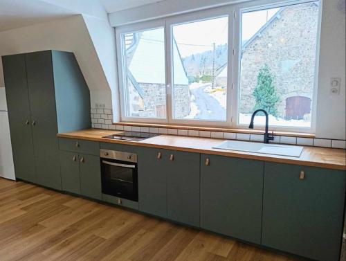 une cuisine avec des placards verts et une grande fenêtre dans l'établissement NEW - Gite Chez Magalie à 5mn de la Bourboule, à Liournat