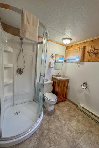 a bathroom with a shower and a toilet at Chinook Winds Lodge in Dubois