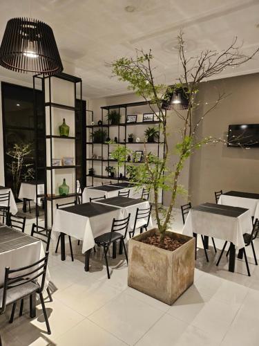 a restaurant with tables and chairs and a potted tree at Hotel Cosmos in Mar del Plata