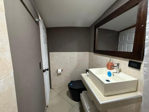 a bathroom with a sink and a mirror at Mini Room El Mangal B&B in Suchitoto