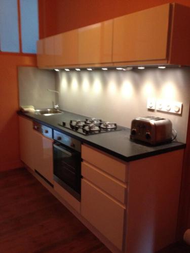 Il comprend une cuisine équipée d'une cuisinière et d'un grille-pain. dans l'établissement L'appartement de L'Homme de Bois, à Honfleur