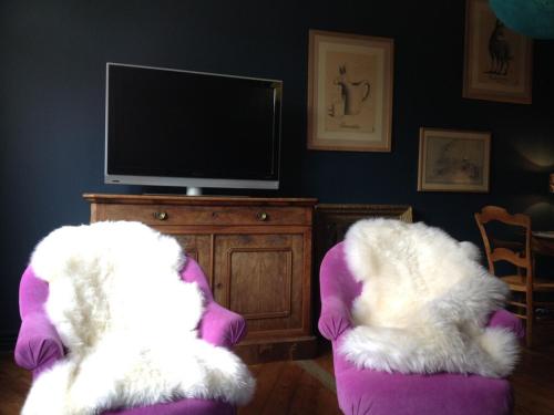 un salon avec deux chaises et une télévision dans l'établissement L'appartement de L'Homme de Bois, à Honfleur