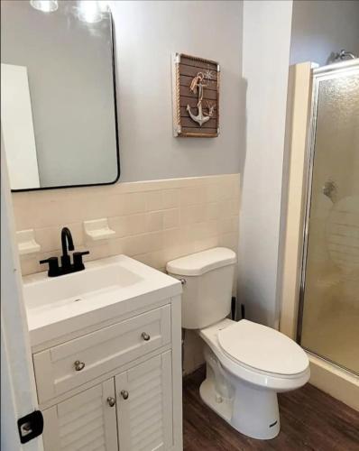 a bathroom with a toilet and a sink and a mirror at Beechwood by the Bay Dog Friendly in Wildwood Highlands Beach