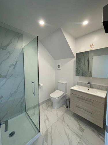 ein Badezimmer mit Dusche, Toilette und Waschbecken in der Unterkunft Mohua Lane Retreat in Christchurch