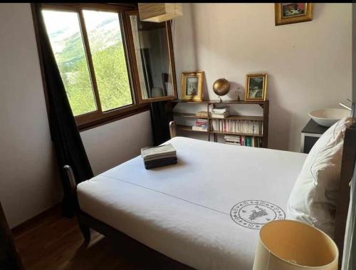 a bedroom with a bed with a window and a book shelf at Grand appartement 4 pers, face aux pistes in La Salle Les Alpes