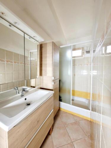 une salle de bain avec un lavabo blanc et une douche dans l'établissement Studio a 400 m plage et piscine, à Six-Fours-les-Plages