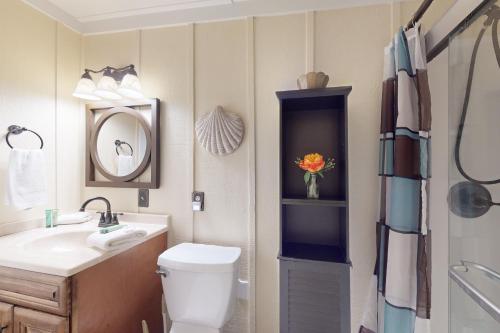 ein Badezimmer mit Toilette, Waschbecken und Spiegel in der Unterkunft Sunshine Cottage in Santa Rosa Beach