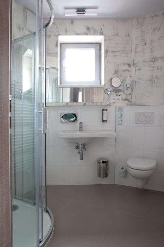 a bathroom with a toilet and a glass shower at Hotel Koruna in Chlumec nad Cidlinou
