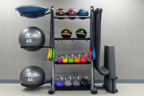 a shelf with balls and dumbbells in a room at Courtyard by Marriott Phoenix Airport in Phoenix