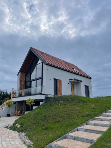 a house on top of a grassy hill at Rumiane pola - stodoła na Mazurach z widokiem na jezioro in Brajniki