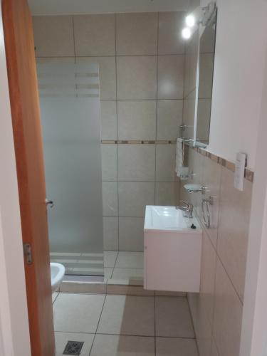a bathroom with a sink and a toilet and a mirror at Departamentos Capernaum in Santa Rosa
