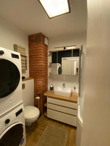 a small bathroom with a toilet and a sink at DiM Suwałki Szpitalna in Suwałki