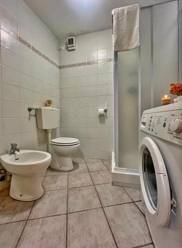 a bathroom with a toilet sink and a washing machine at Pancino's House in Valtournenche
