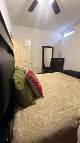 a bedroom with a bed with a pillow and a mirror at Bonita Casa Capri 5 m del consulado in Ciudad Juárez