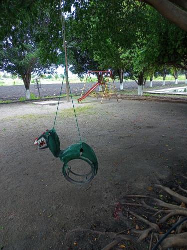 a green swing in a park with a playground at Lodging and camping the island in Tlaquiltenango