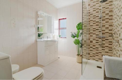 a bathroom with a toilet and a sink and a shower at Alojamento Casa da Pedra Verde in Vieira do Minho