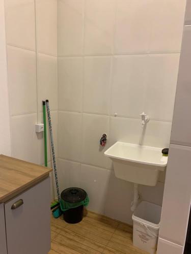 a small bathroom with a sink and a mop at Casa Rebello - Pousada in Itajaí