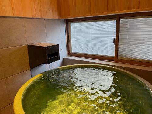 a large green bath tub in a bathroom with water at Kusatsuonsen Hoshikawa in Kusatsu