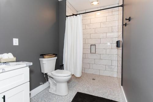 a bathroom with a toilet and a shower at Adjoining Condominium Units Sleeps 12 in Downtown Sandusky! in Sandusky