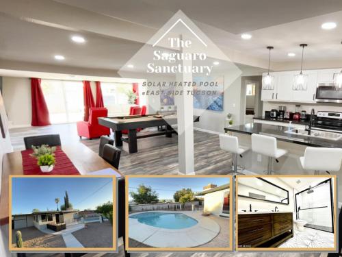 a collage of photos of a kitchen and living room at Private Home - Heated Pool, Billiards, Darts, Foosball, Fireplace, 5 Smart TVs, BBQ, Cotton Bedding - The Saguaro Sanctuary, Pool Heat Optional in Tucson