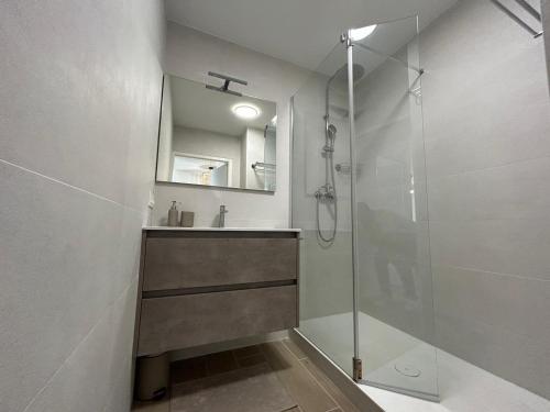 une salle de bain avec une douche, un lavabo et un miroir dans l'établissement T2 rénové avec terrasse, à 300m de la plage de Socoa - FR-1-239-1093, à Ciboure