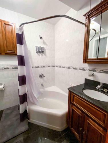 a bathroom with a shower and a sink at La Quinta Loft in Long Island City