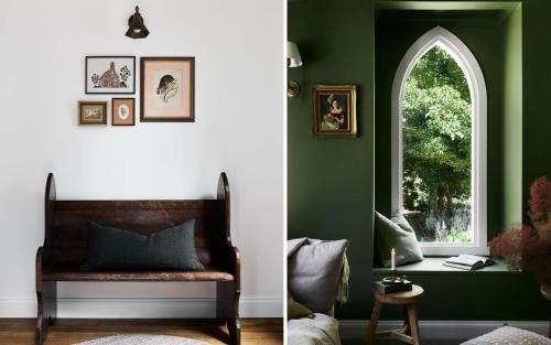 a green room with a bench and a window at The Church at Lyonville - Daylesford Region in Lyonville