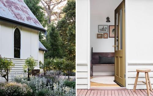 two images of a house with a door and a porch at The Church at Lyonville - Daylesford Region in Lyonville