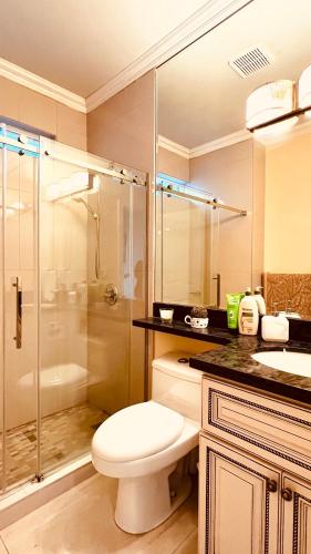 a bathroom with a toilet and a shower and a sink at Coze home in Vancouver near YVR in Vancouver