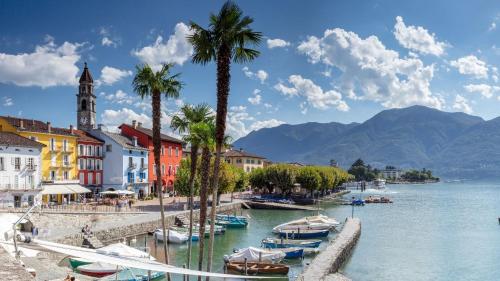 a group of boats in the water next to buildings at Double Room with Air Conditioning - Del Ponte Break in Minusio