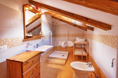 un bagno con lavandino, water e specchio di Albergo Diffuso "Col Gentile" Socchieve a Priuso