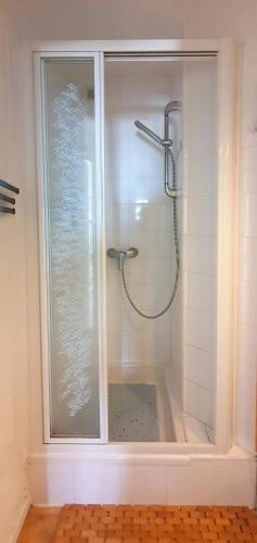 une douche avec une porte vitrée dans une salle de bain dans l'établissement Bleu Horizon, à Quiberon