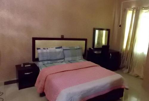 a bedroom with a large bed with a pink blanket at Goldenland Hotels - Executive in Asaba